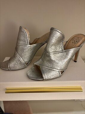 Vince Camuto Silver Metallic Crossover Open-Toe Mule Heels